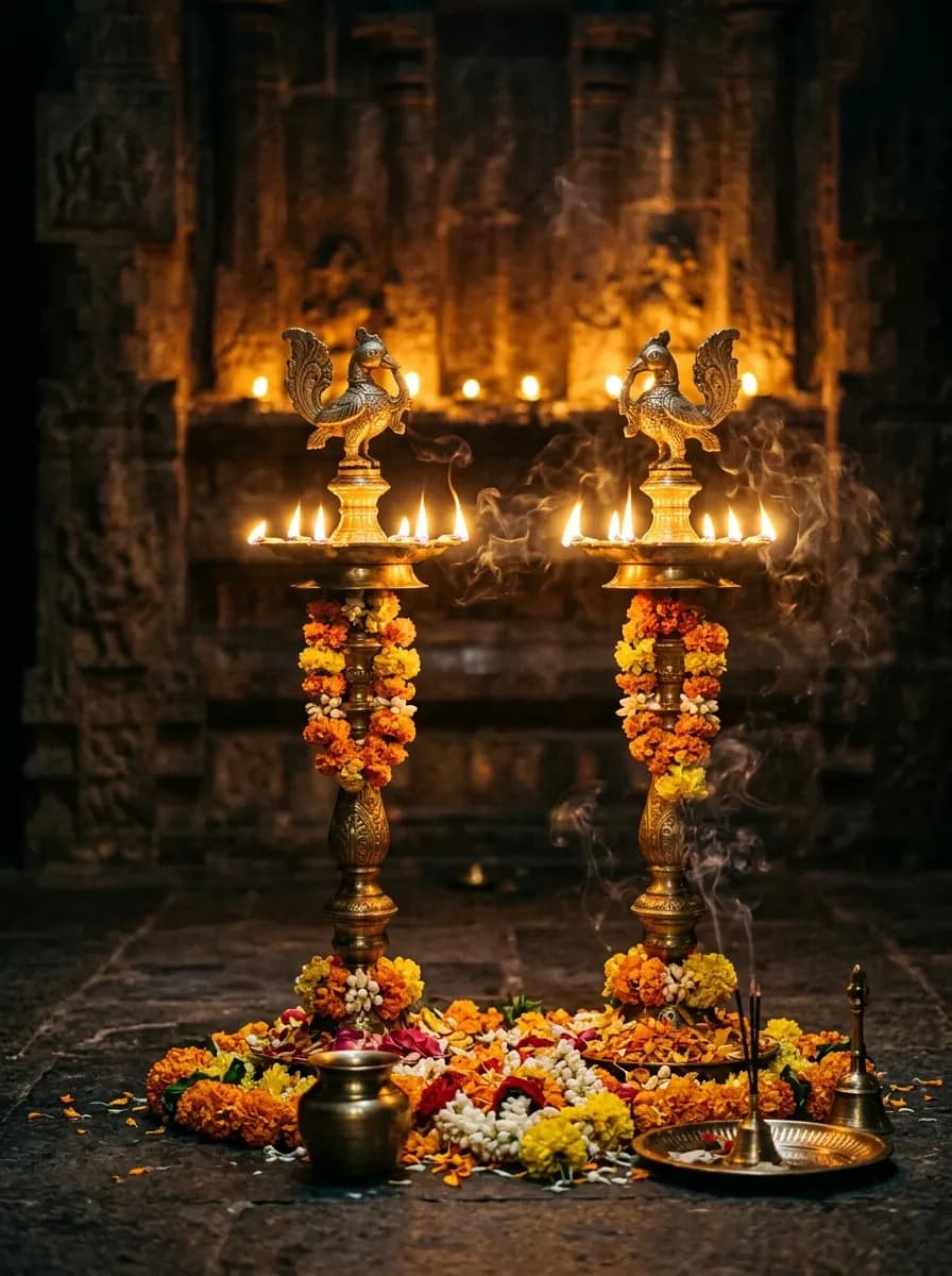 Temple-grade brass lamps, lit with devotion